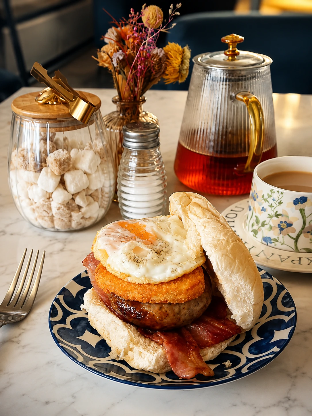 A breakfast sandwich with egg and sausage beside tea and a floral cup