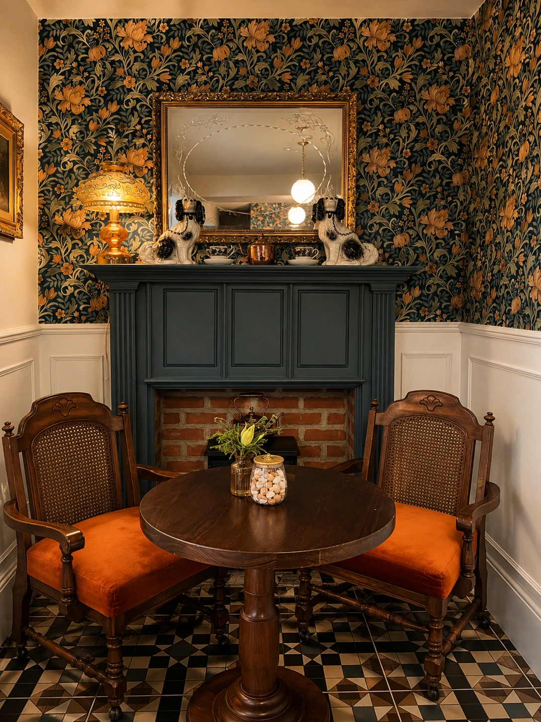 A fireplace, floral wallpaper and two armchairs inside Café 1909