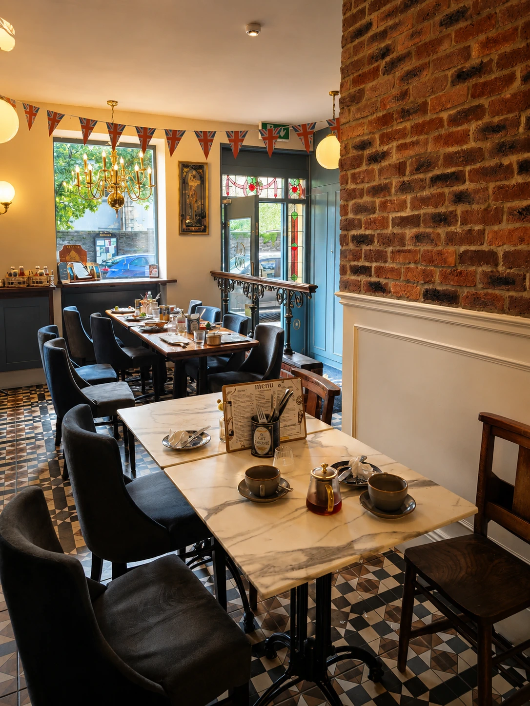 Dining tables, blue doors and patterned floors inside Café 1909