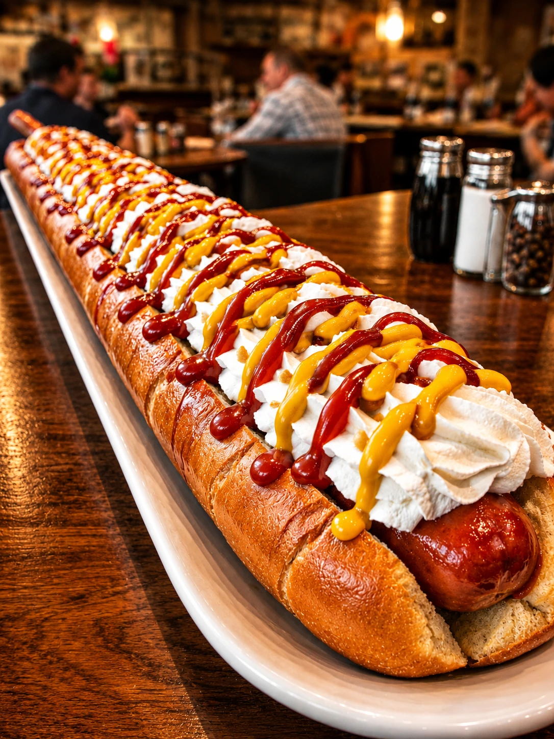 A long sausage sandwich with mustard and ketchup on a platter