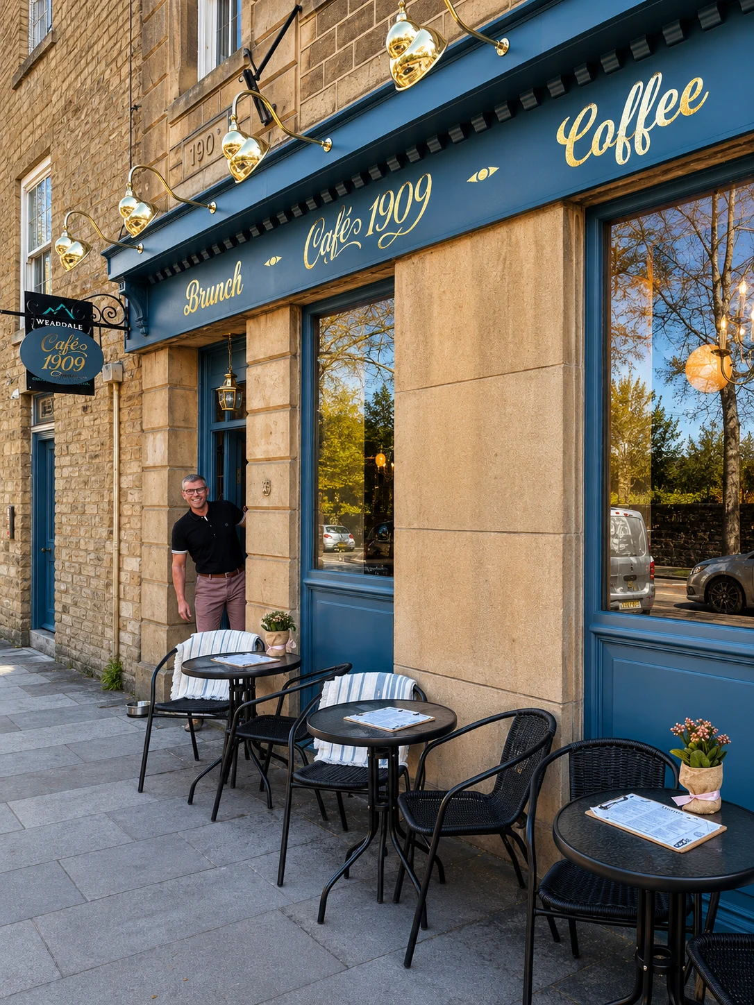 The blue Café 1909 frontage with outdoor tables on Front Street in Stanhope